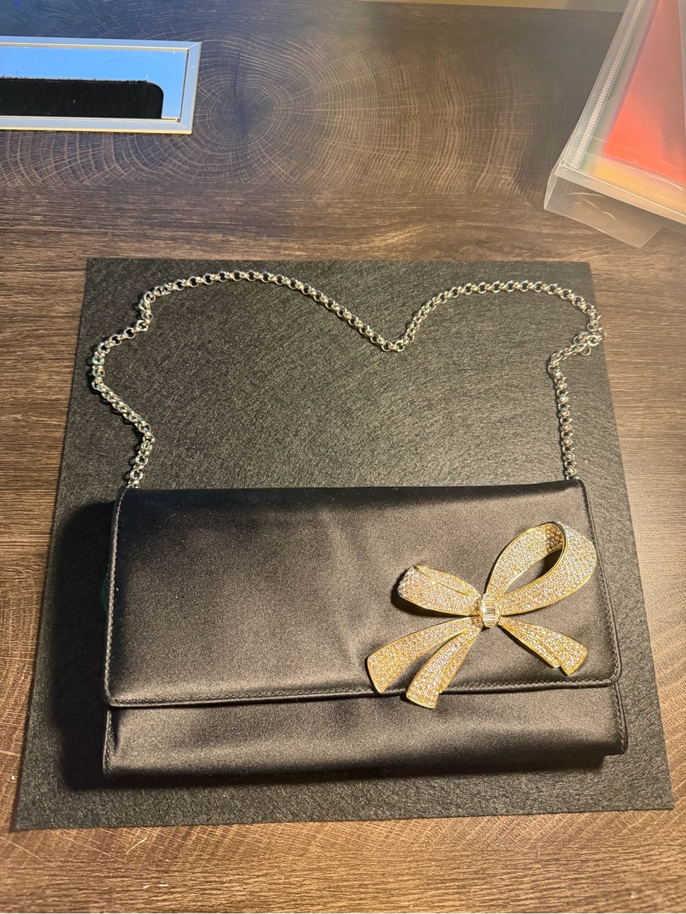 Black Satin Chain Shoulder Bag with Crystal Bow Accent
